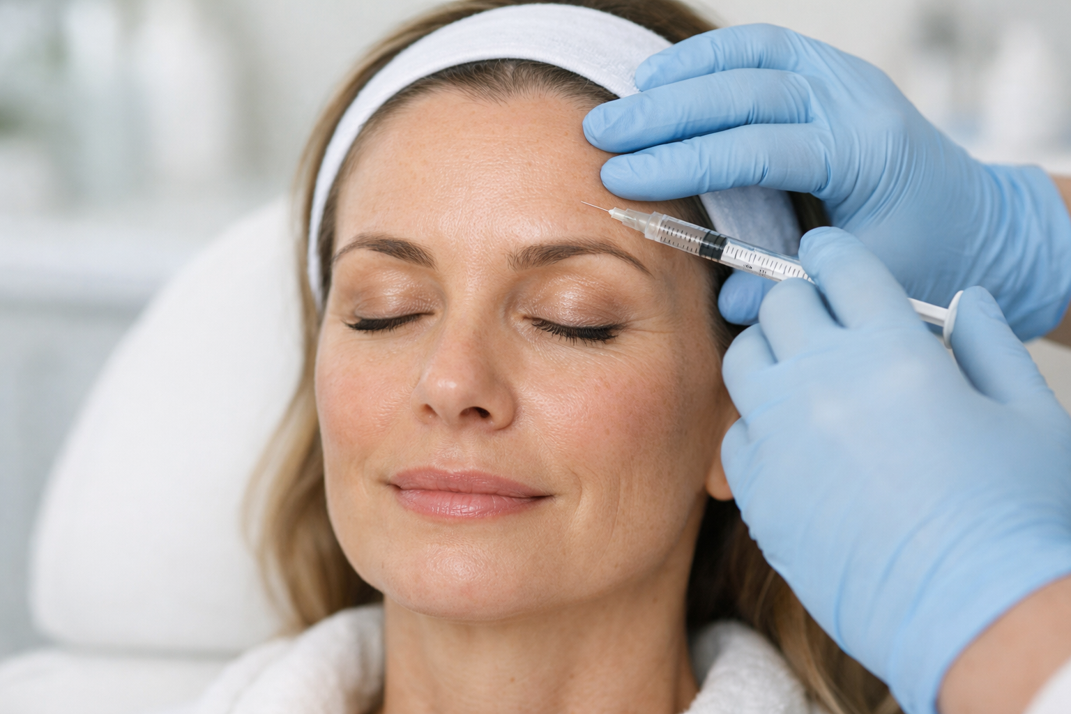 Woman receiving botox facial injection treatment from gloved medical professional at aesthetic clinic